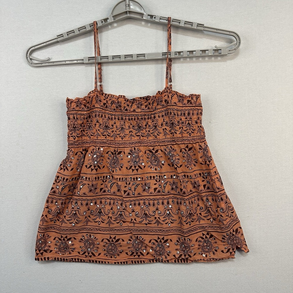 Magazine Women's Small Cotton Orange Tank Top  Spaghetti Strap Sequin Boho Hippy